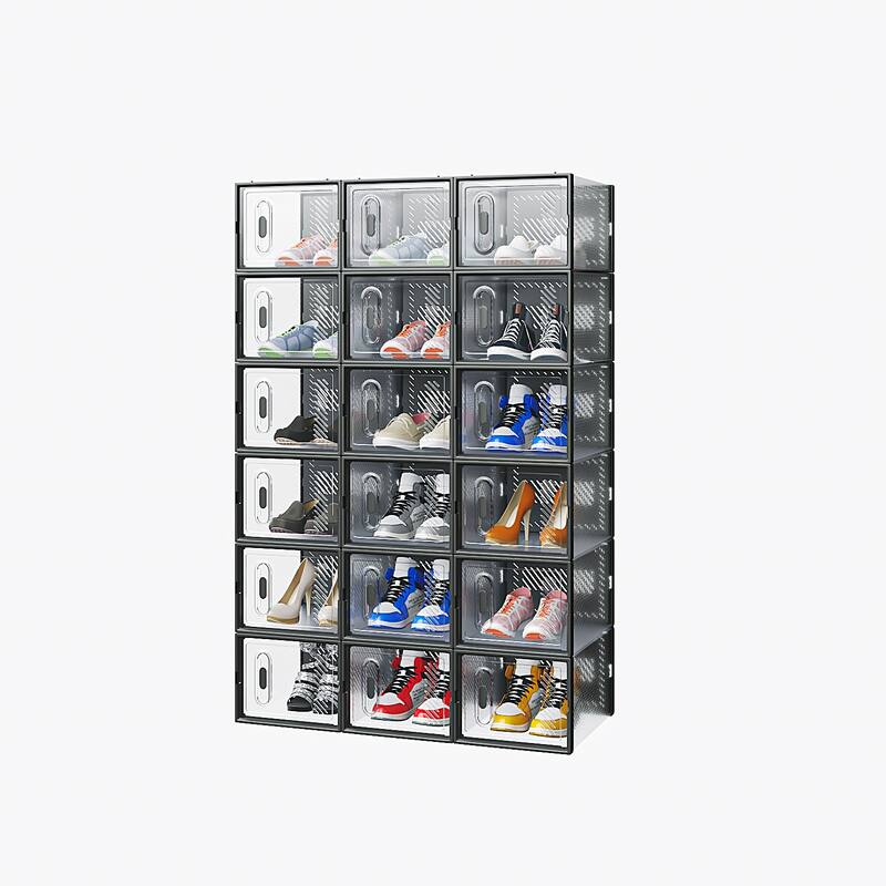 18-Pack Black Stackable Shoe Storage Boxes and Breathable Plastic Grid for Closet or Home - 35 x 25 x 19 cm