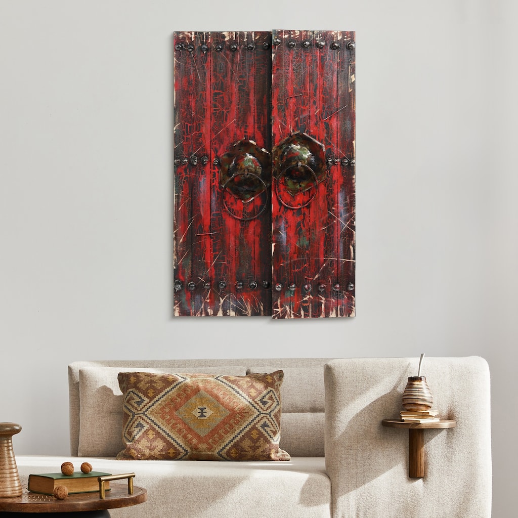 "Antique Wooden Doors 1" Metallic Handed Painted Rugged Wooden Blocks Wall Décor