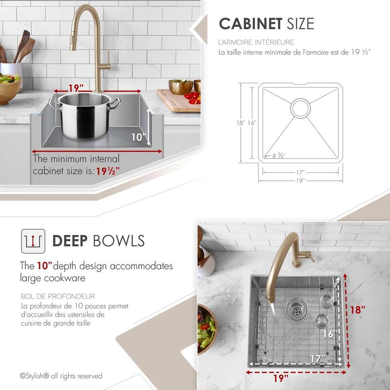 Undermount 19" Single-Bowl Stainless Steel Kitchen Sink S-308XG - 19" x 18" x 10"