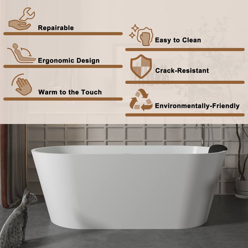 CASAINC Resin Stone Solid Surface Soaking Stand Alone Bathtub Freestanding Bathtub in Matte White
