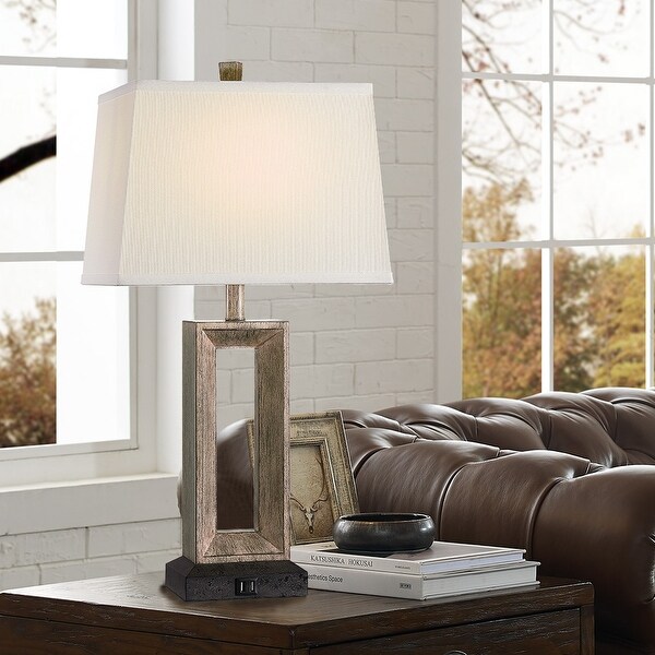 True Fine 27.4 in. Bronze and Wood Tone Table Lamp with Double USB Port and White Linen Shade Set of 2 27.4 H