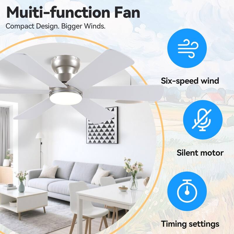 52 Inches Nickle Flush Mount Ceiling Fan with Light,3 Color Temperature LED,Reversible DC Motor - 52 Inches