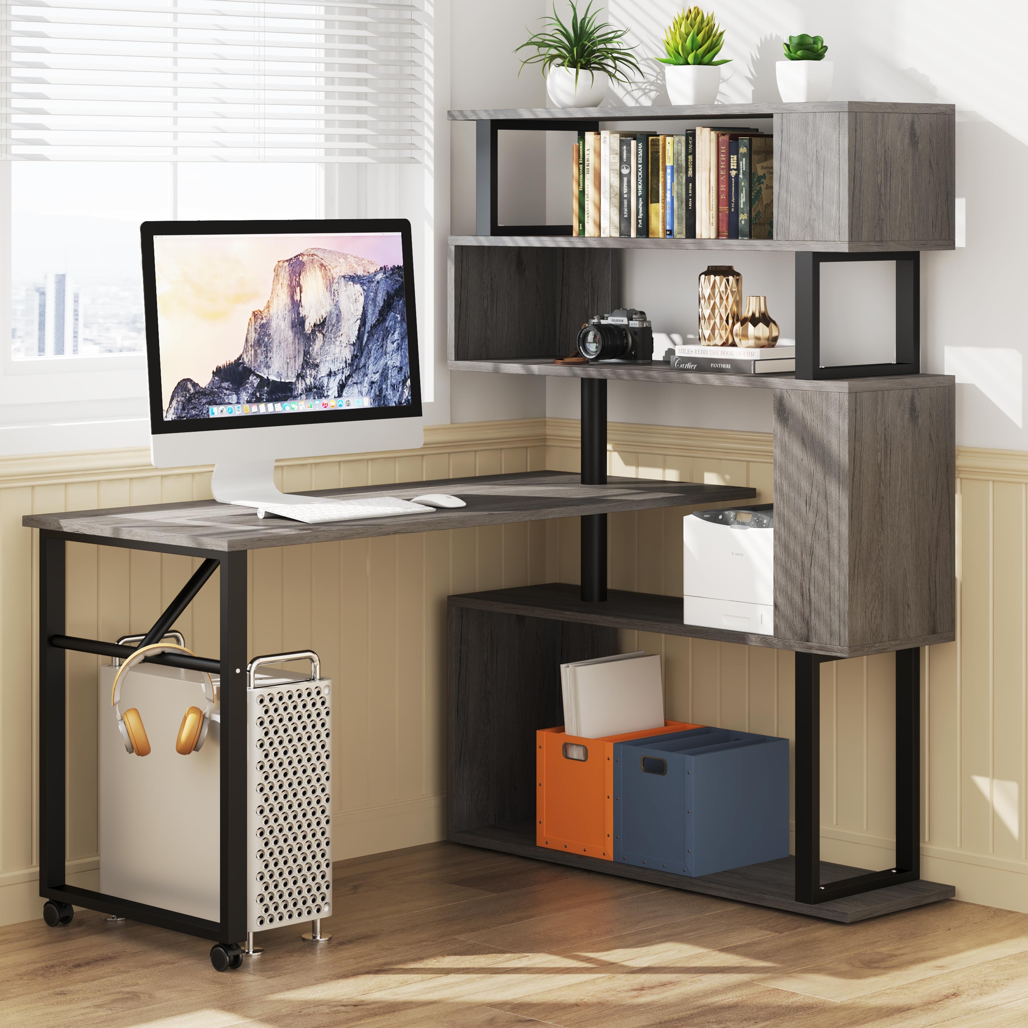 Brown/ Black Rotating L-Shaped Computer Desk, Corner Home Office Desk with  Storage Shelf - Overstock - 33503792
