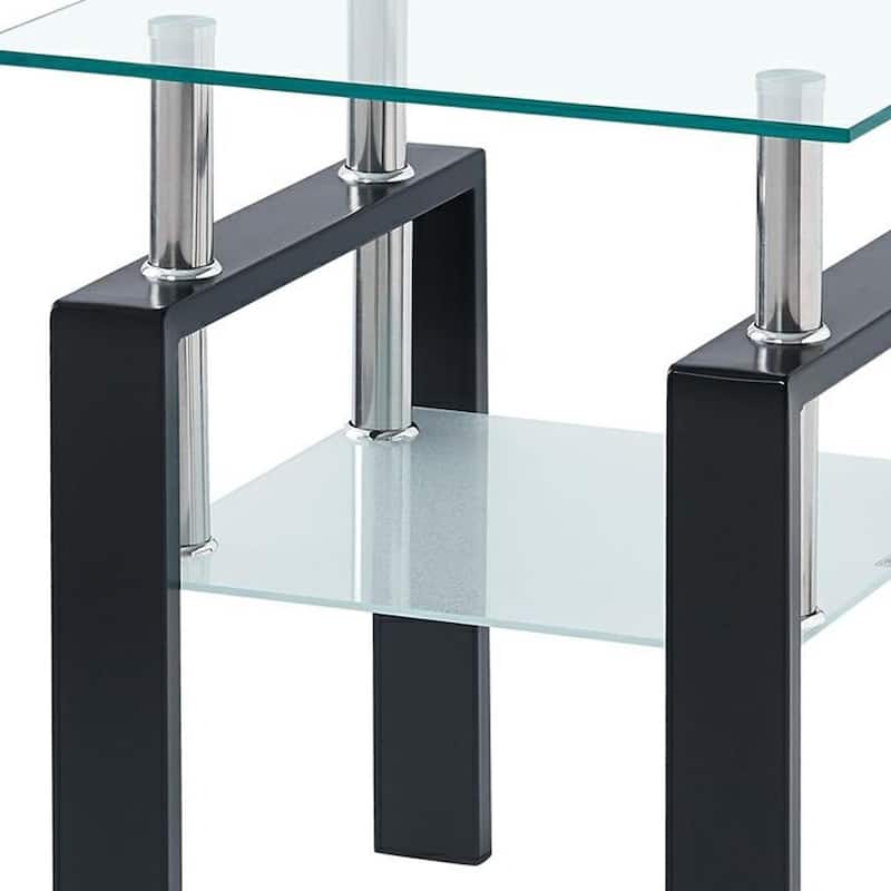 HomeRoots Set of Two Clear and Black Glass and Metal Square End Tables With Shelf - 17.71 in. x 20.47 in. x 17.71 in.