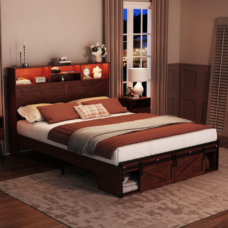 Farmhouse Storage Bed Frame with Storage Headboard, Charging Station and LED Lights, Optional Platform Bed with Drawers - Brown - Full