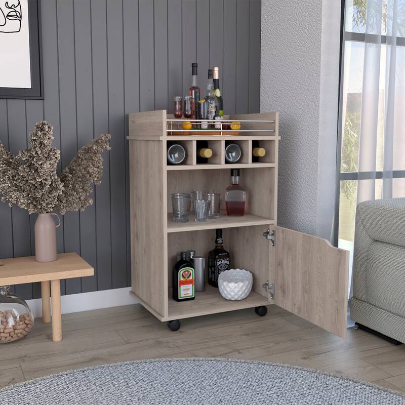 Phoenix Bar cart with 2 Open Shelves 4 Cubbies and Cabinet