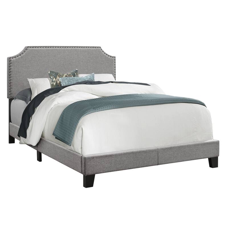 Full Size Upholstered Bed Frame with Grey Linen Look and Chrome Trim