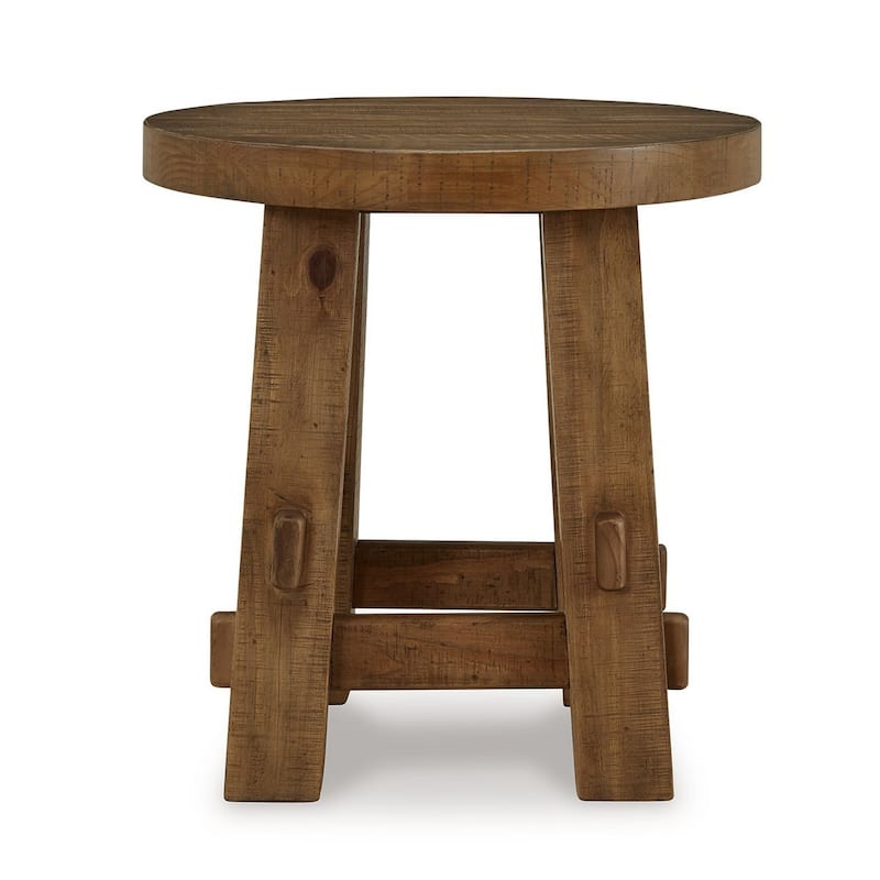 Ack Round Side End Table, Sturdy Block Legs, 24 Inch Brown Pine Solids