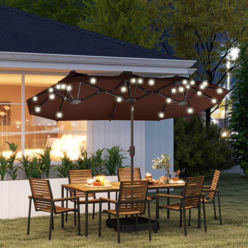 Outdoor Double-Sided Patio Umbrella with 40-Degree Tiltable Canopy 35 Solar LED Lights Steel Frame and Weighted Base
