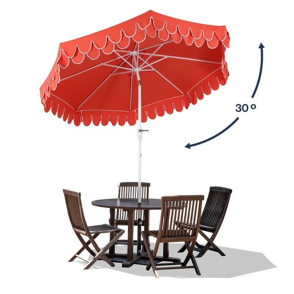 Spencer 9 ft. Classic Scalloped Fringe Market Patio Umbrella with Auto-Tilt, Crank, Wind Vent and UV Protection, by JONATHAN Y