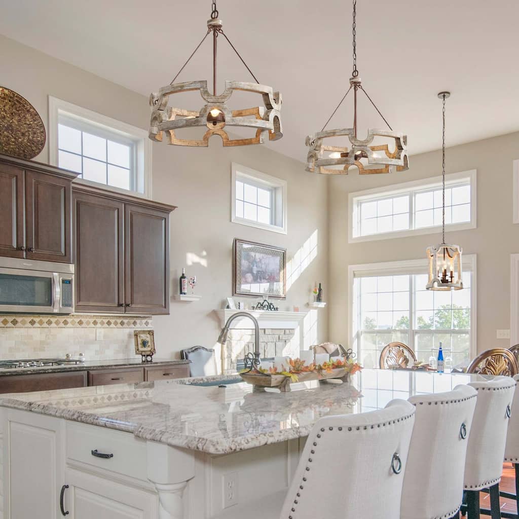 Farmhouse 3-Light Wood Drum Chandelier for Dining Room Kitchen Island