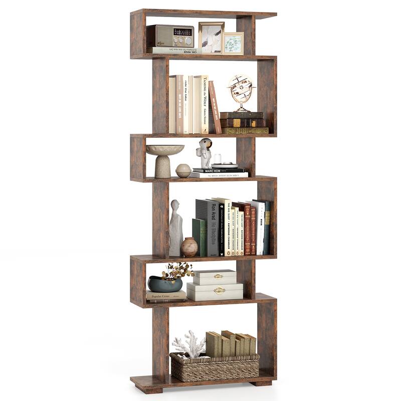 6-Tier Geometric Bookshelf S-Shaped Bookcase Wooden Display Shelf - 1 pcs - Brown