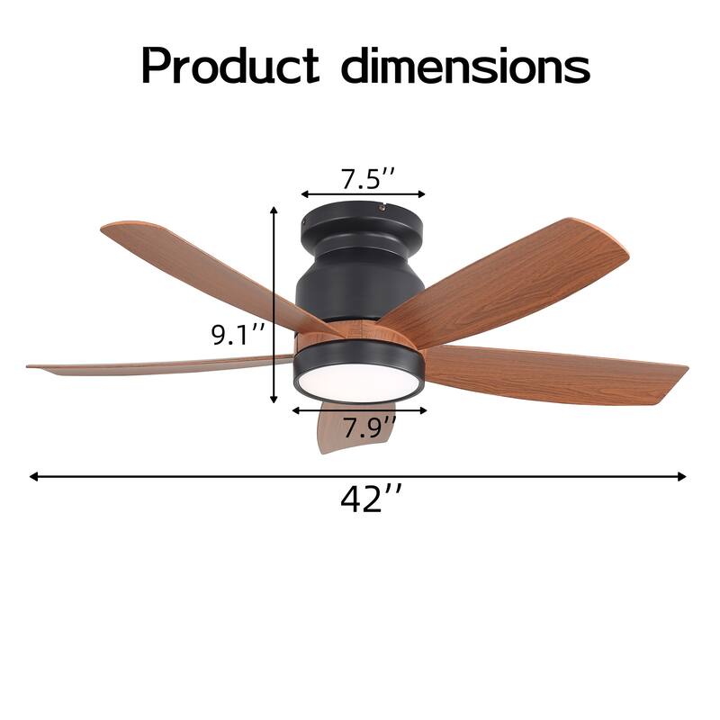 42 Inch Matte Black Ceiling Fan with LED Light and 6 Speed Remote Control Reversible DC Motor for Bedroom Living Room
