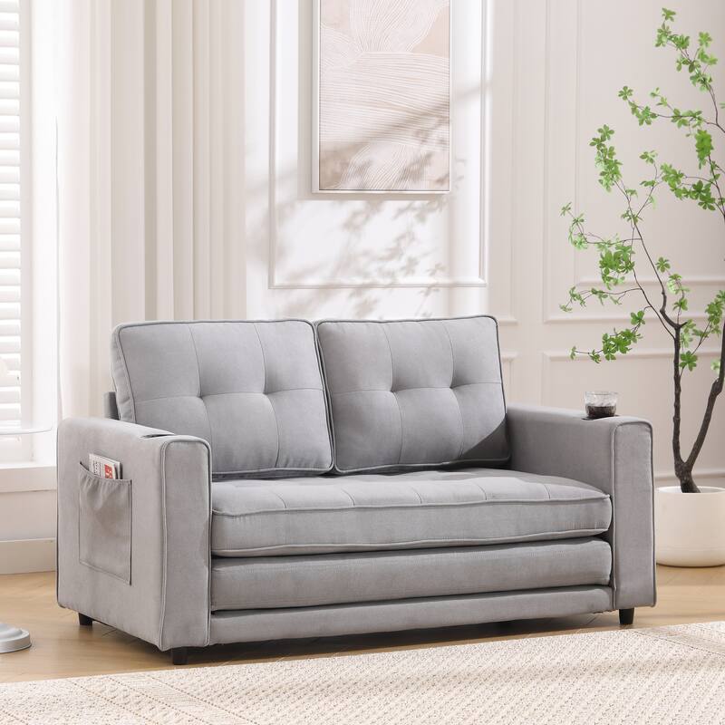 Upholstered Futon Sofa Convertible Sofa Bed Tufted Loveseat wFolding Mattress, Cup Holder & Pockets 2-seat Armchair