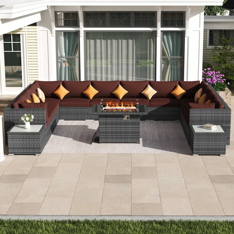 FINCATI 15-Piece Grey Wicker Patio Conversation Set with 43" Fire Pit