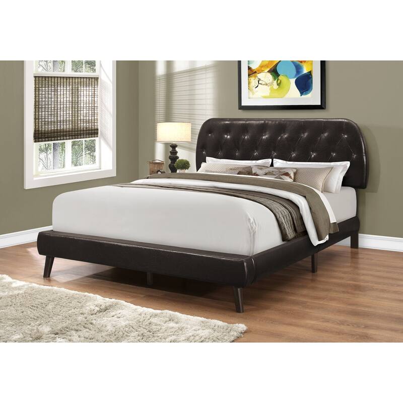 Queen Transitional PU Leather Bed with Wooden Legs and Rounded Diamond Tufted Headboard in Brown
