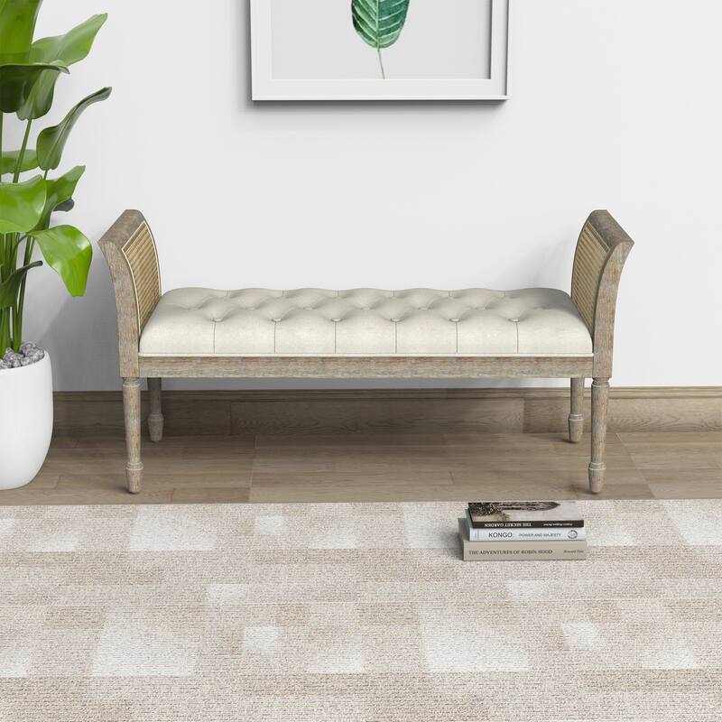 Dilwen Wooden Tufted Upholstered Bench with High Flared Rattan Arms