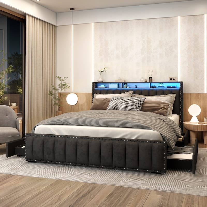Moasis Full/Queen/King Velvet Upholstered Platform Bed Bedframe with Charging Station and 4 Storage Drawers