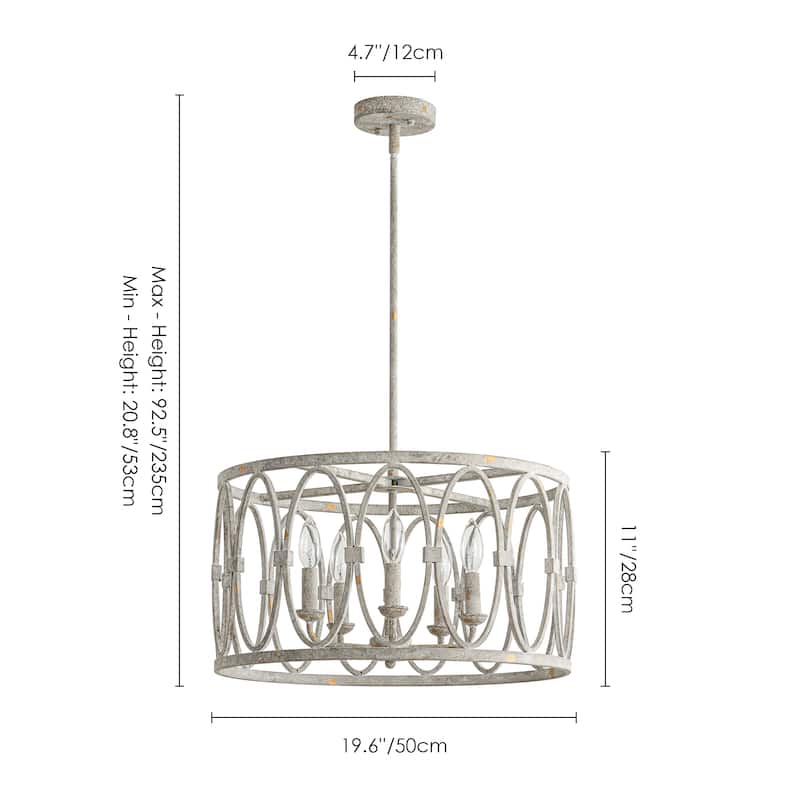 5-Light Industrial Antique White Geometric Drum Chandelier for Dining Room - 19.6 in. W x 11 in. H