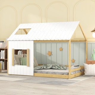 Full Size House Bed with Roof and Window, Open Concept Design for Creativity, for Kids Girl Boy, Not Box Spring, White
