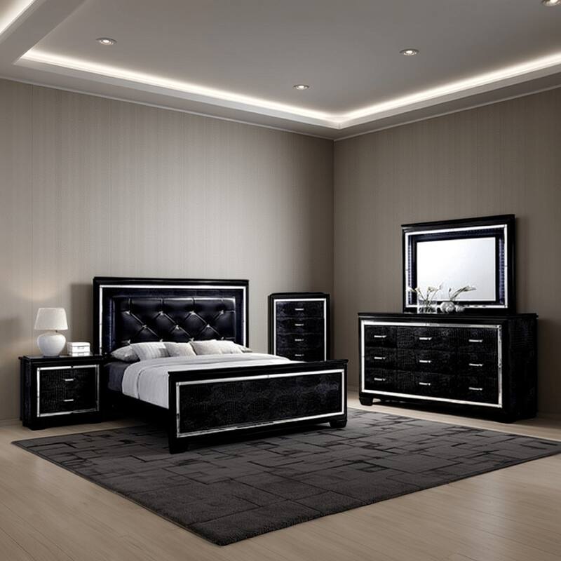 Kae 4 Pc California King Bedroom Set, LED and Mirror Trim, Textured, Black