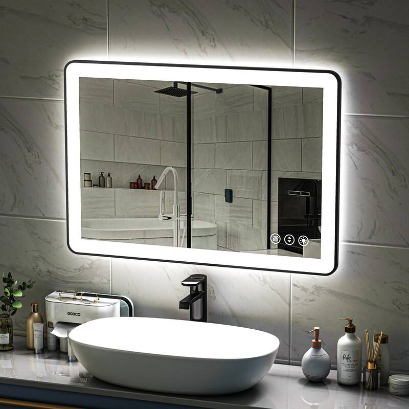 TOOLKISS Black Frame Anti-Fog Dimmable LED Light Vanity Bathroom Mirror with Backlit and Front Light