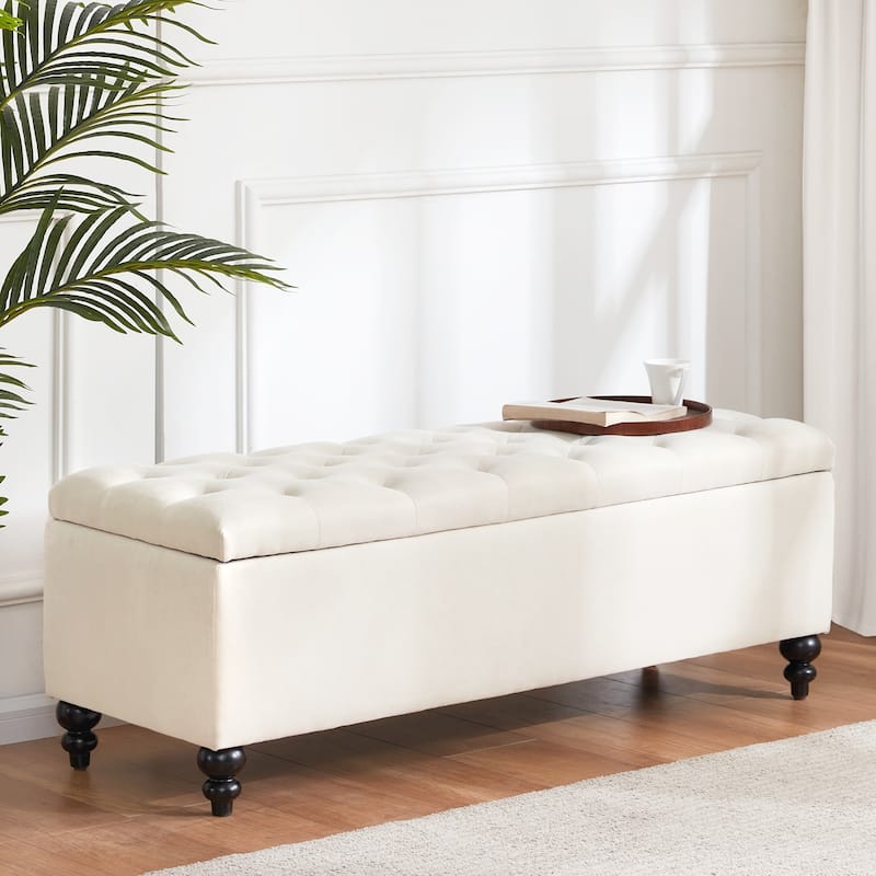 Button-Tufted Storage Bench Ottoman with Solid Wood Legs for Bedroom 50"W x 17.5"D x 18"H