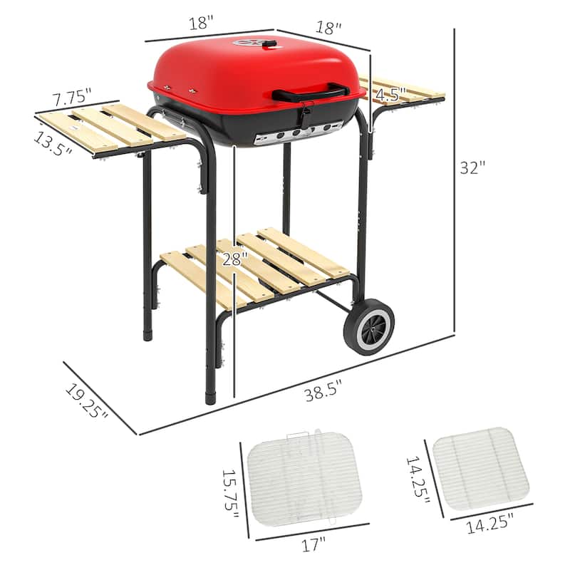 17" Portable Charcoal Grill with Wheels, 2 Side Tables and Bottom Shelf, BBQ with Adjustable Vents on Lid