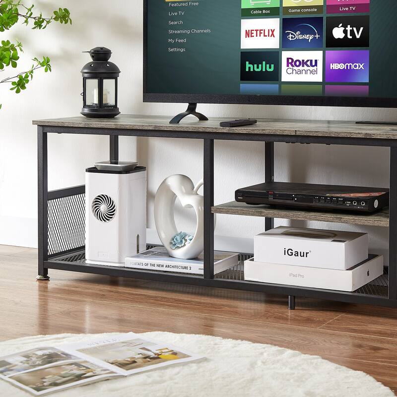 VECELO 55 Inch Grey TV Stand TV Media Console Table Entertainment Center with Power Outlets and Open Storage Shelves