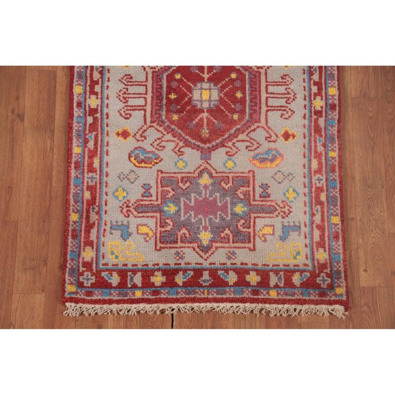 Geometric Grey Kazak Oriental Runner Rug Handmade Wool Carpet - 2'6"x 8'2"