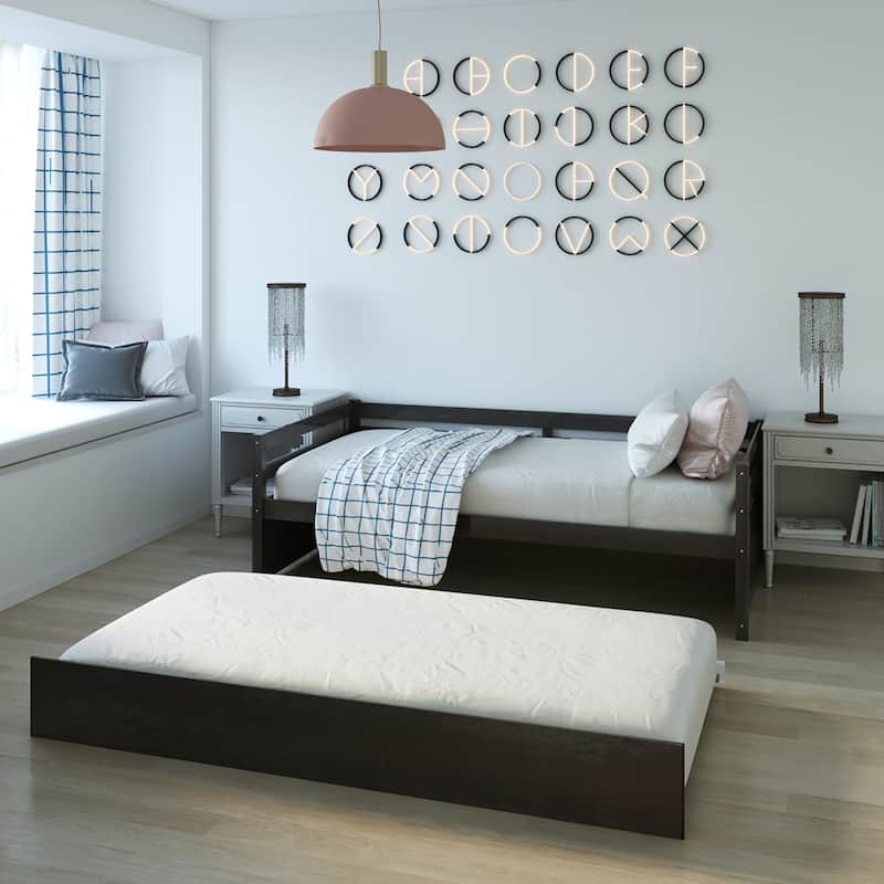 Costway Twin Size Trundle Daybed Wooden Slat Support Mattress Platform
