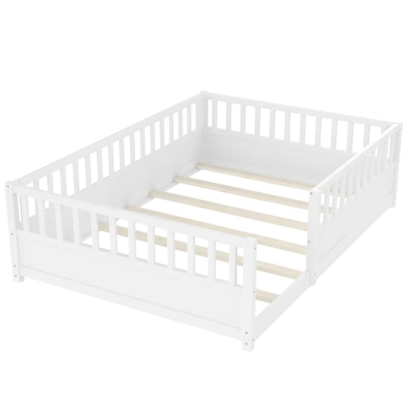 Floor Bed Pine Wood Bed Frame with Fence for Kids Easy Assembly