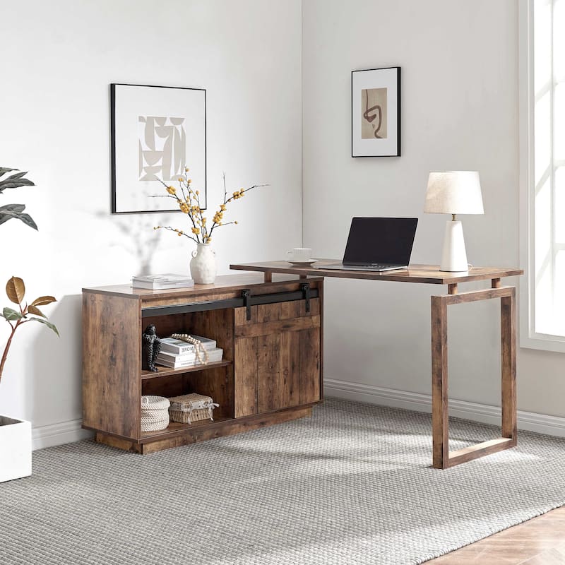 GDFStudio - Olivia L-Shaped Home Office Desk with Attached Storage Credenza and Sliding Barn Door