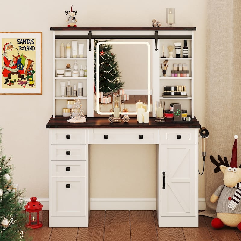 Farmhouse White Makeup Vanity Desk with Sliding Lighted Mirror Charging Station and Ample Storage Drawers and Shelves