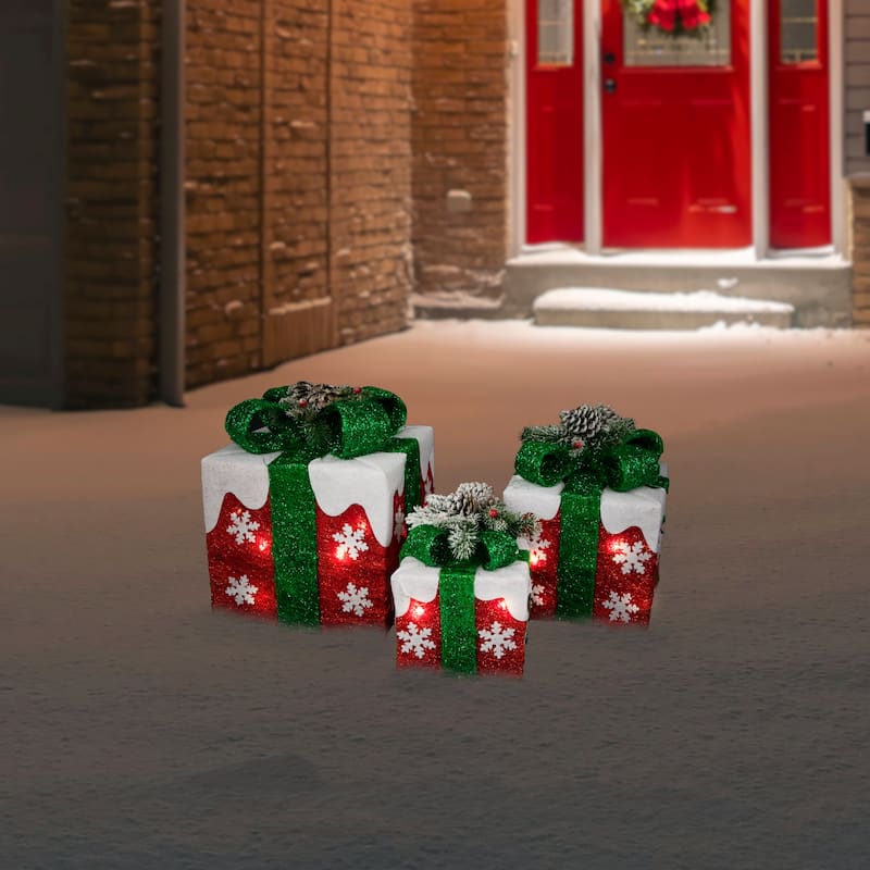 Set of 3 Lighted Red with White Snowflakes Gift Boxes Christmas Decorations - 12"