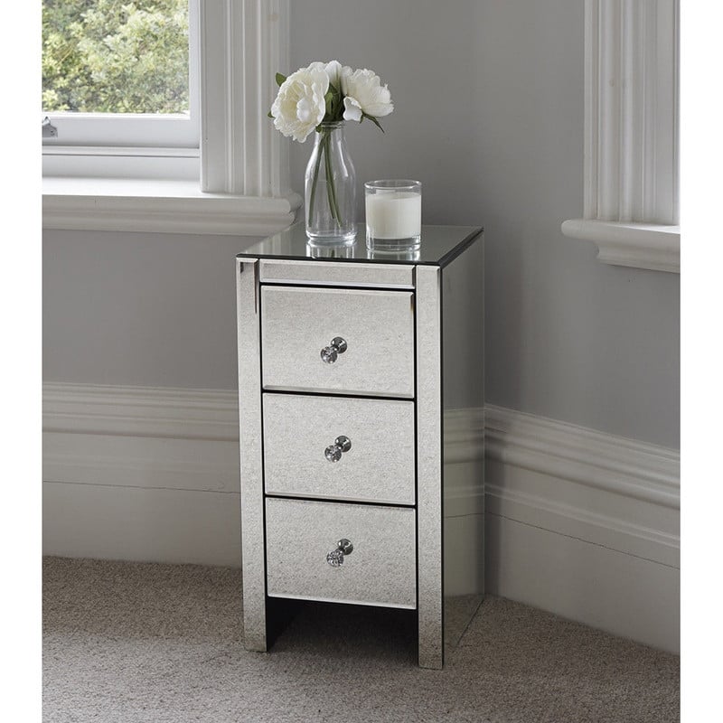 Mirrored Glass Bedside Table with Three Drawers - Silver