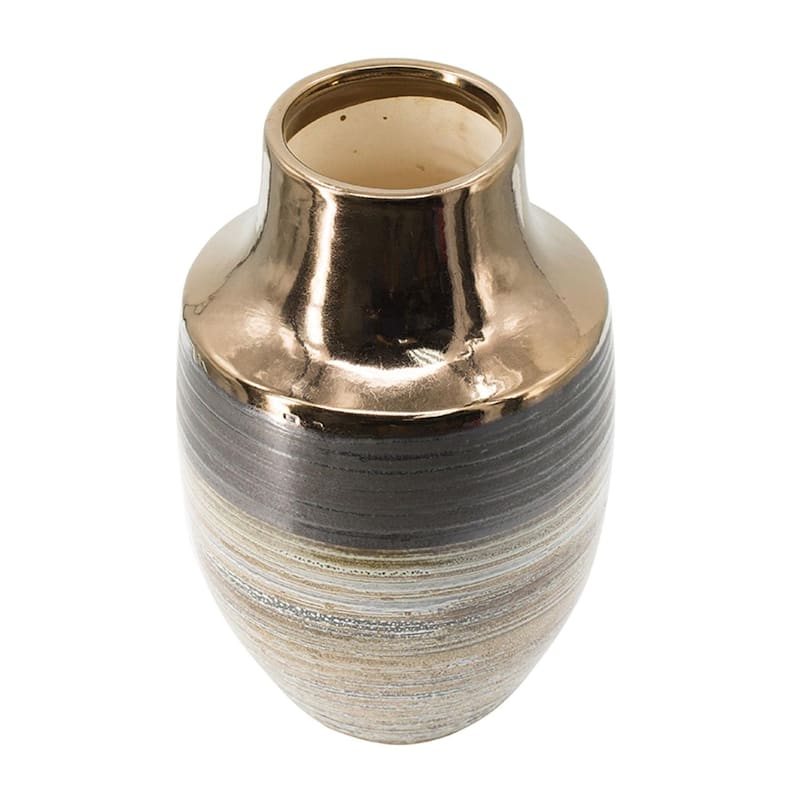 11" Brown And Bronze Striped Ceramic Round Table Vase - 7.30
