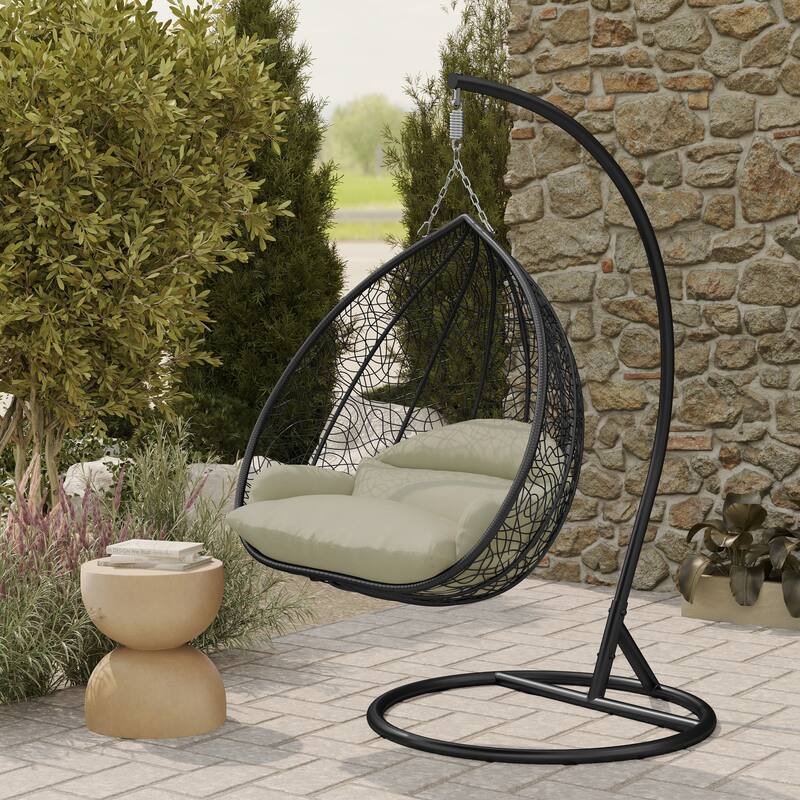 2-Person Outdoor Hanging Egg Chair with Teardrop Frame, Weather-Resistant Cotton Cushioned Seat for Patio and Indoor Use