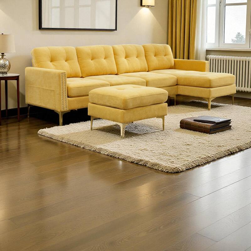 110.6" L-Shaped Convertible Velvet Sectional Sofa with Movable Ottoman and Storage Pockets for Living Room