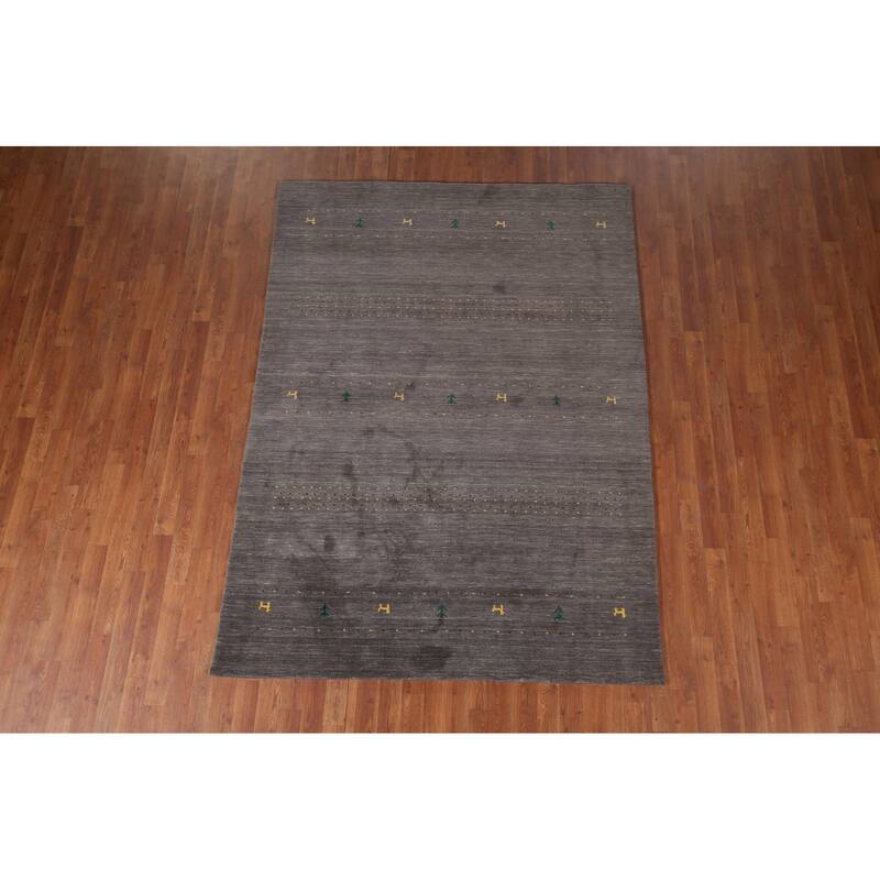 Gray Gabbeh Indian Area Rug Hand-Knotted Tribal Wool Carpet - 5'5"x 7'8"