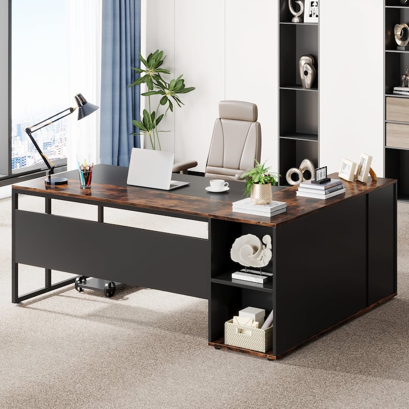 71 inch Executive Desk, L Shaped Desk with Cabinet and Shelves for Home Office