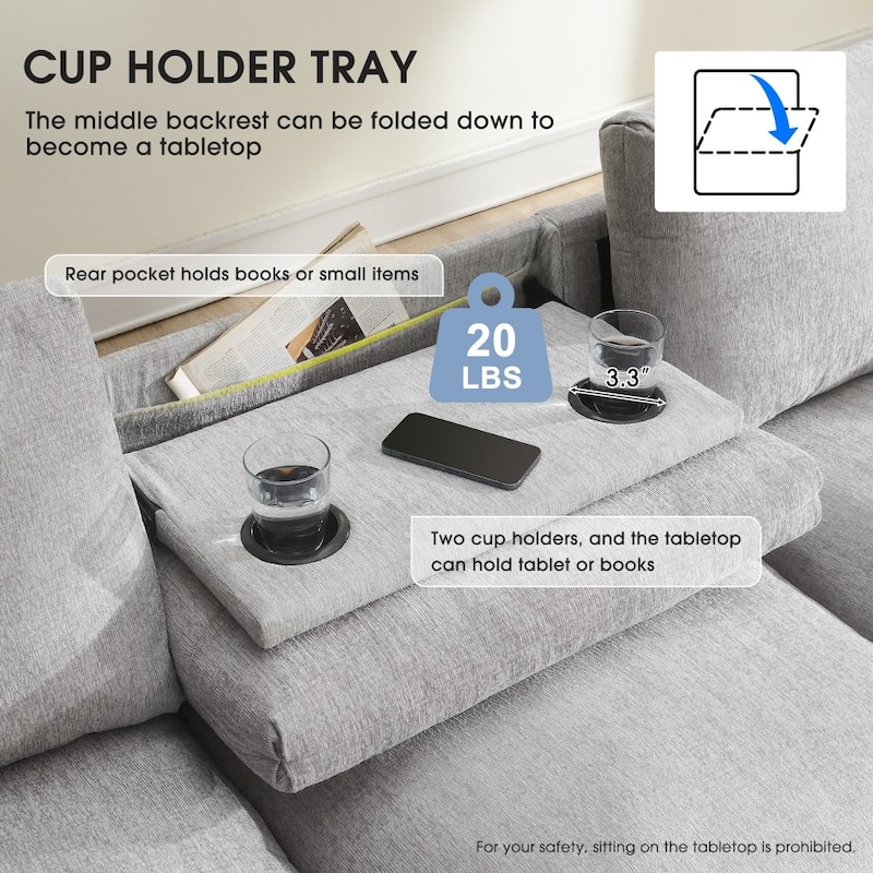 96" Modern Chenille Sectional Sofa with Bluetooth Speaker ,USB and Cup Holders