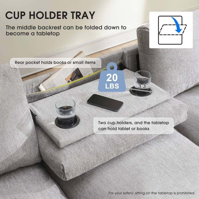 96'' Sectional Sofa with Bluetooth Speaker, Drop Down Table, USB Charger, Storage Armrest