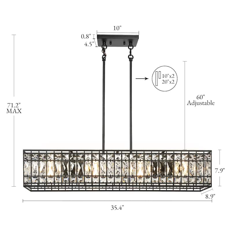 Modern 4-Light Crystal Chandelier Black Rectangle Kitchen Island Lights - L35.4" x W8.9" x H71.2" Max