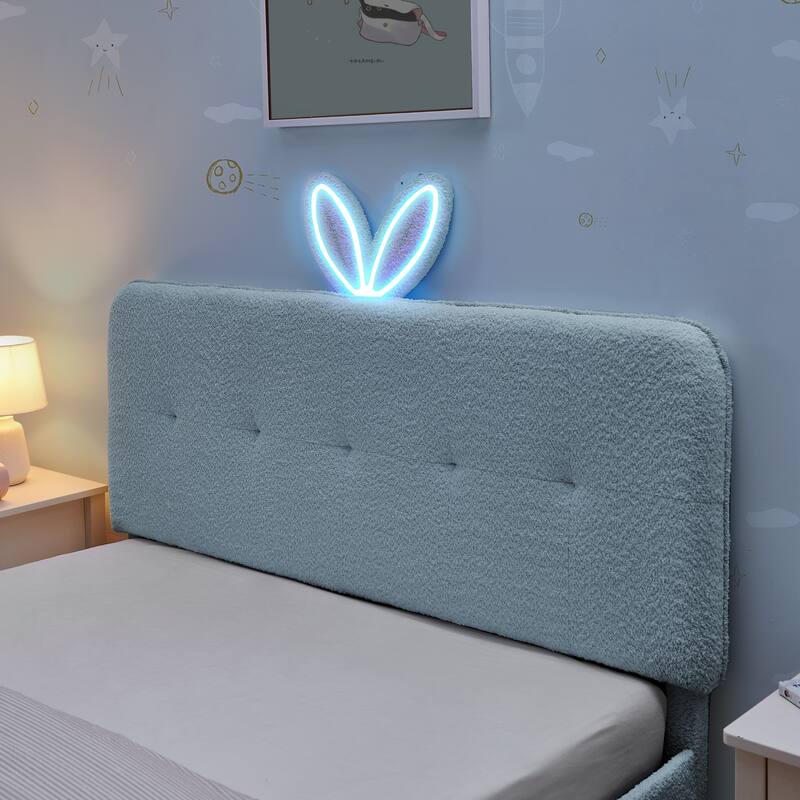Kids Boucle Upholstered Bed with Rabbit Ear Headboard, LED Music Sync & 4 Drawers