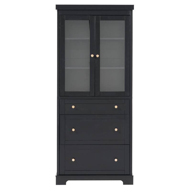Modern Bathroom Storage Cabinet with Glass Doors and Drawers, Tall Freestanding Floor Cabinet with Adjustable Shelves