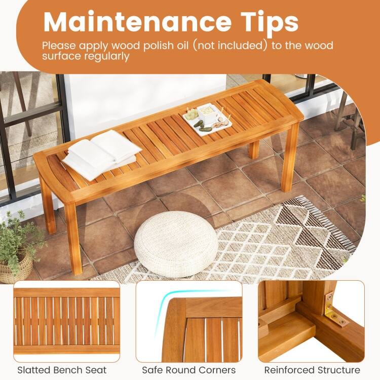 Set of 2 Natural Acacia Wood Outdoor Dining Bench 48 inches Rustic Slatted Seat - 48" x 14" x 18"(L x W x H)