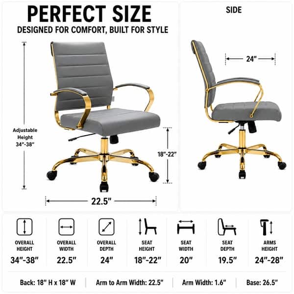 dimension image slide 0 of 6, Benmar Ribbed PU Leather Office Chair - Ergonomic Swivel Desk Chair - Chrome Gold Steel Base Executive Computer Seat