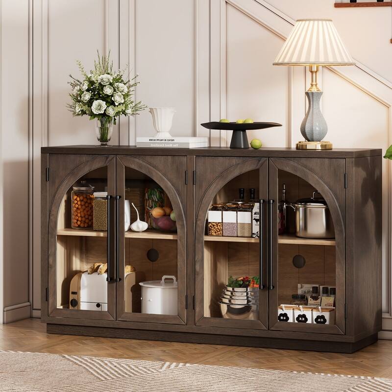 Retro Style Wood Buffet Sideboard with 4 Arched Glass Doors, Kitchen Storage Side Cabinet with Adjustable Shelves - Espresso