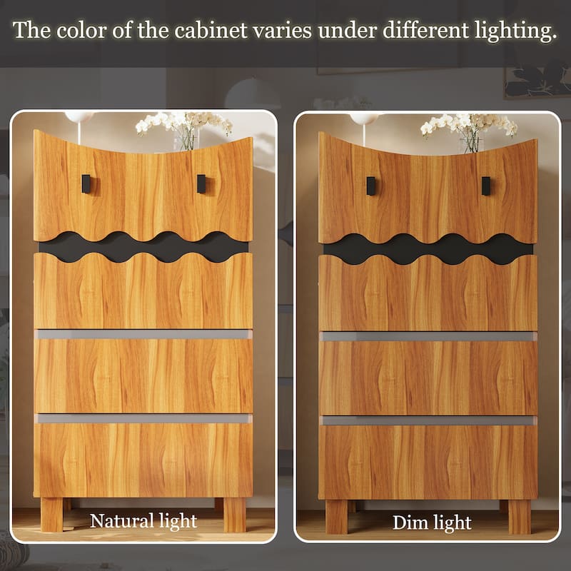 Modern Wave-Front 4-Drawer Dresser with Acrylic Panels, Wood Grain & Black Storage Cabinet Chest Cabinet